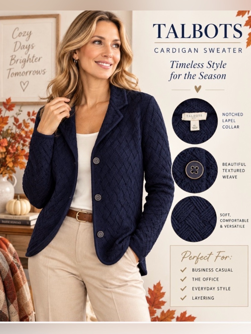 Talbots Navy Woven Texture Notch-Lapel Cardigan Blazer |Size XL